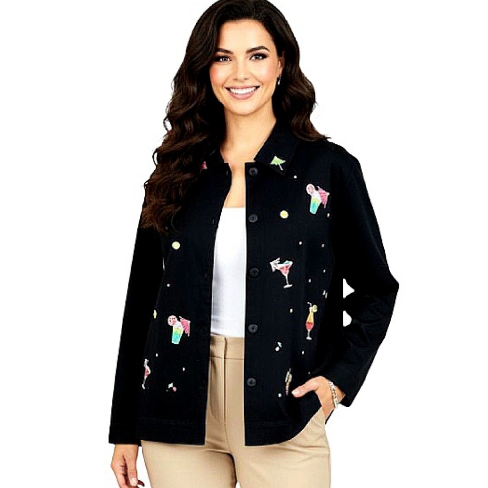 Breckenridge Embroidered Umbrella Drinks Jacket Black Button Front Pockets Sz 2X